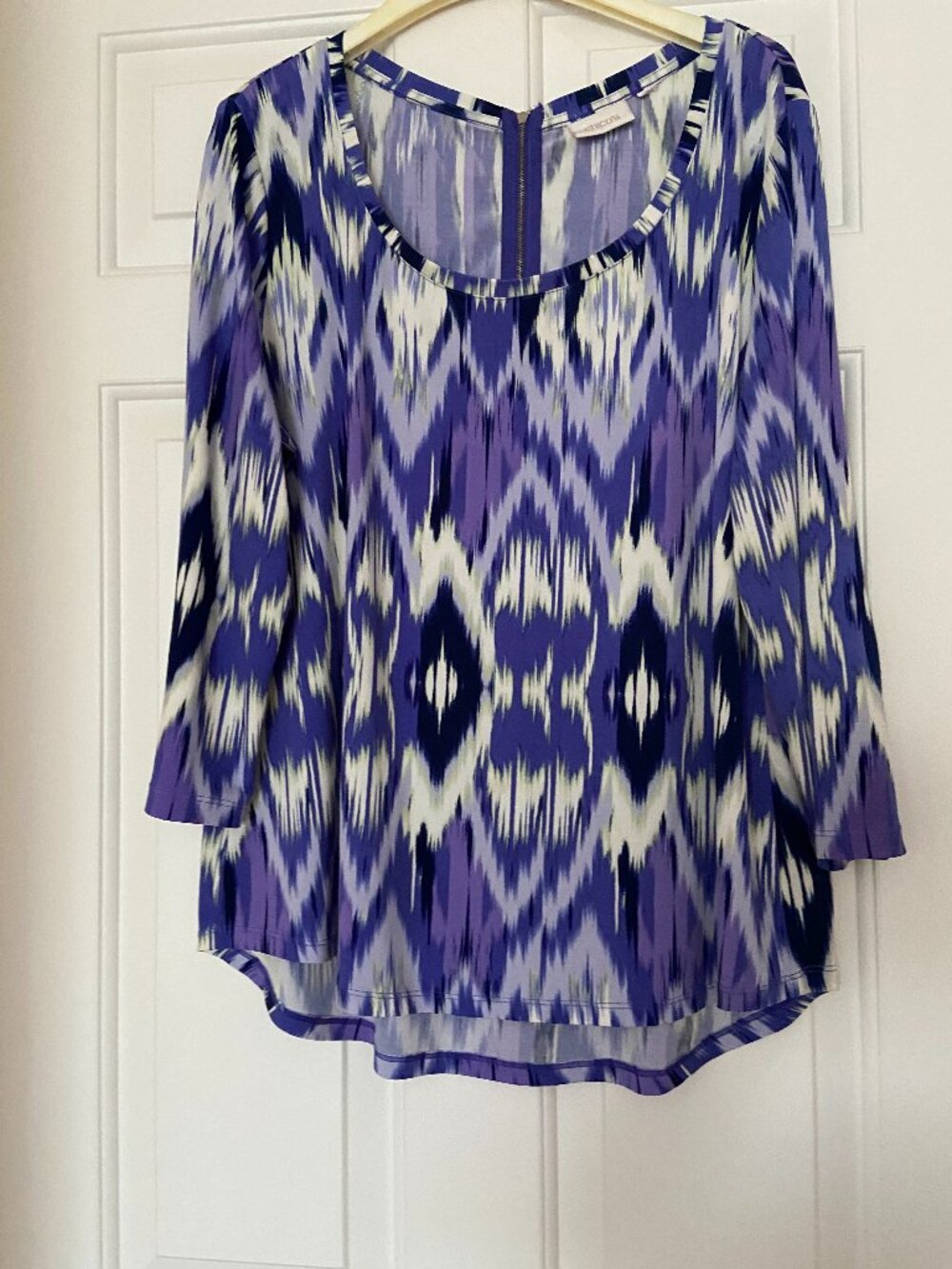 CHICO"S Purple Multi Brushed Feather Ikat Zipper Blouse 3/4 Sleeves